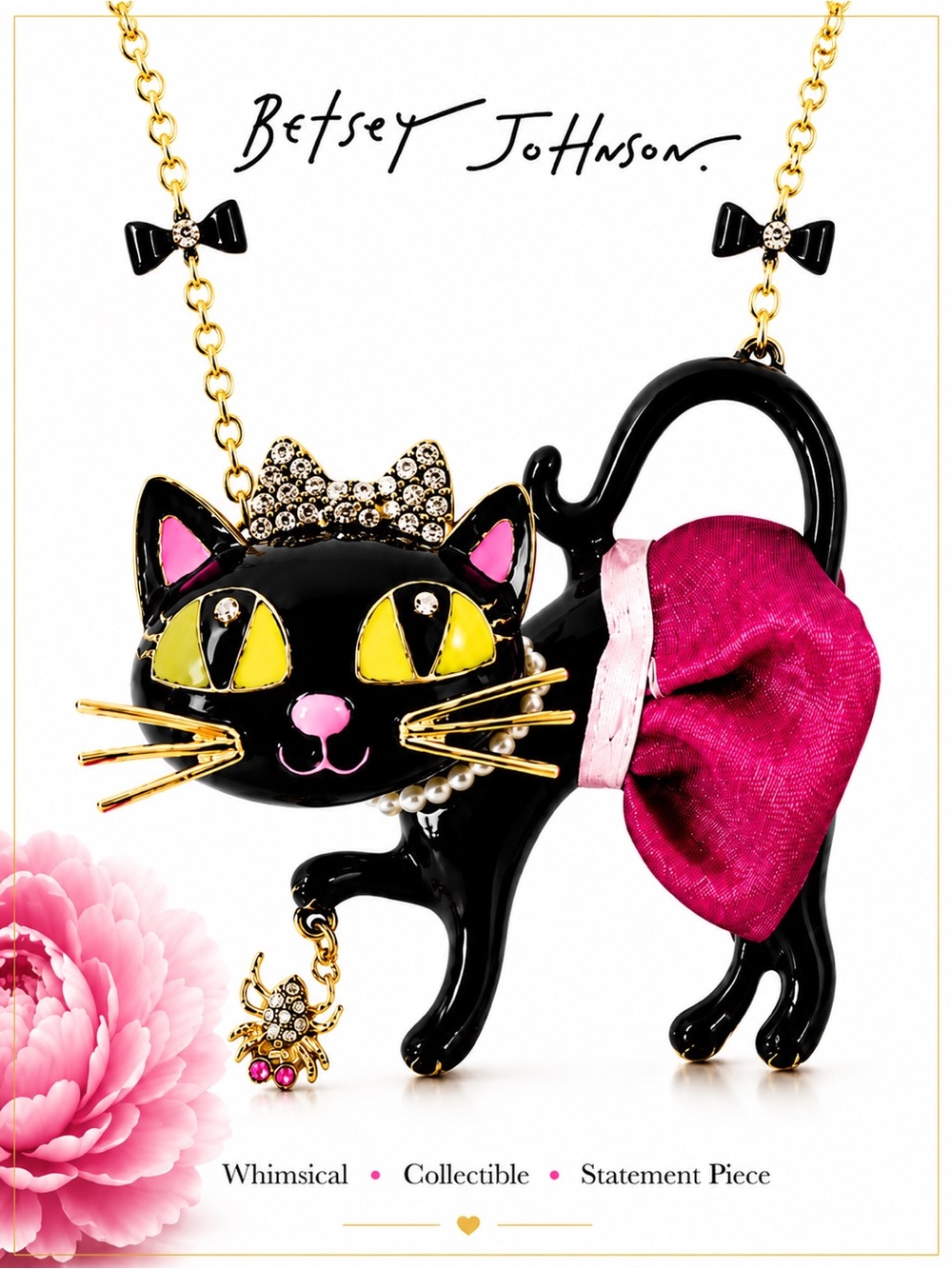 Betsey Johnson Tutu Cat Necklace Black Pink Gold Whimsical NWT
